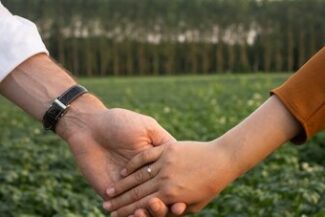 Aperto de mãos em meio a plantação, representando a formalização de contratos agrários