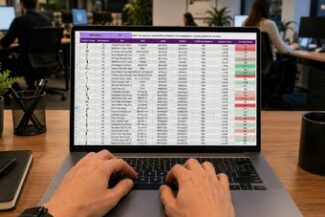 Mãos operando planilha de controle em notebook, representando gestão de recuperação de créditos