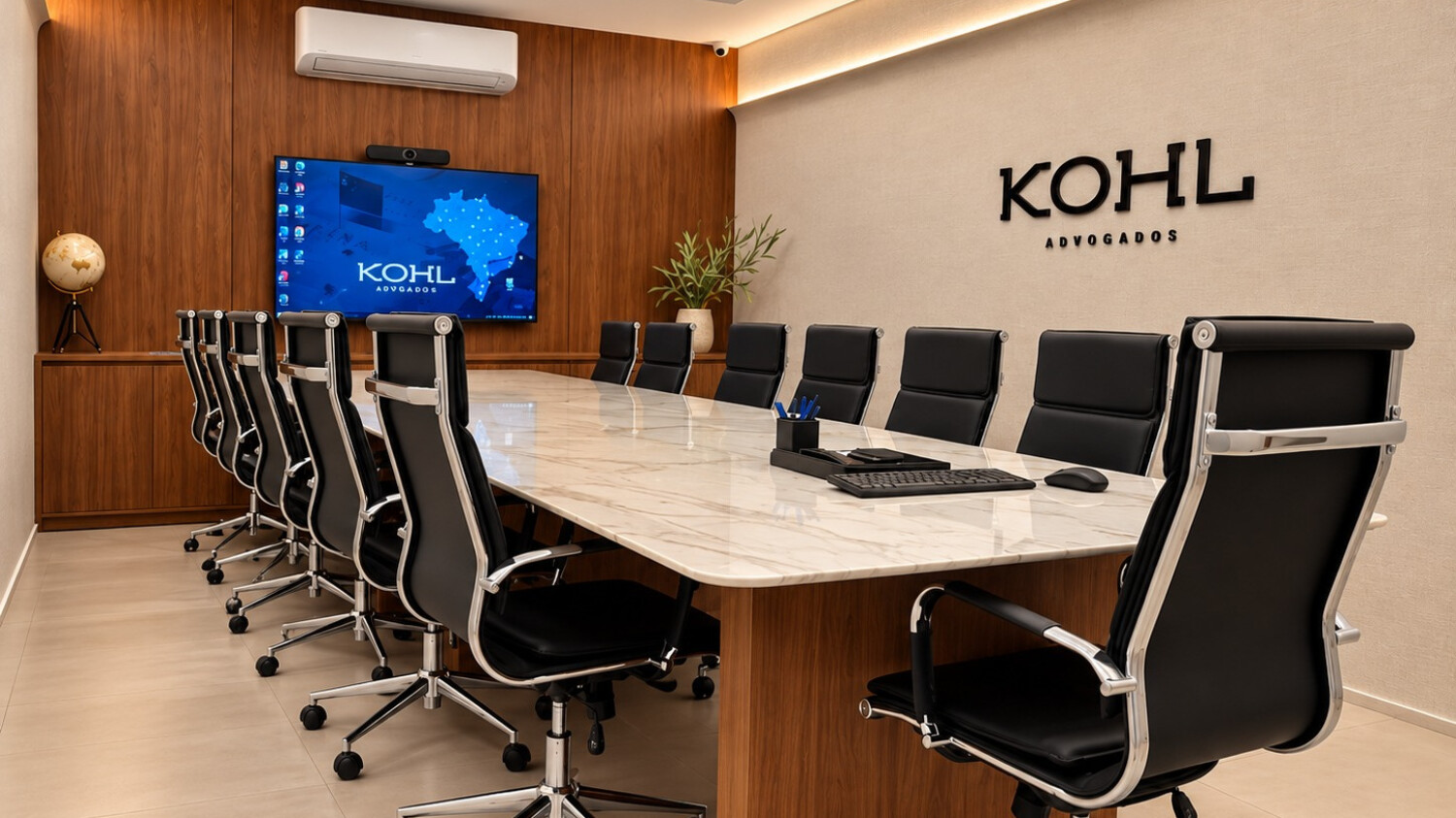 Sala de reuniões da matriz do Kohl Advogados em Campo Grande, com mesa de reunião e o logo do escritório na parede