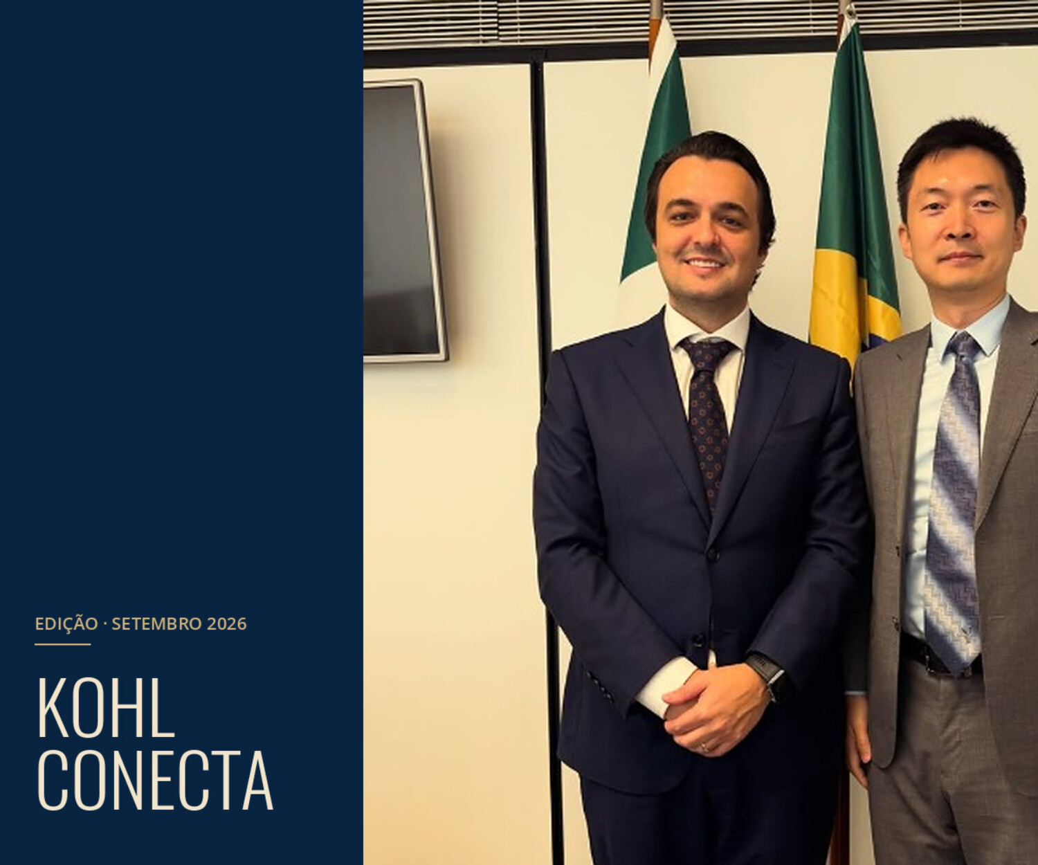 Capa da revista Kohl Conecta, edição de setembro de 2026, com foto do encontro com representante da Embaixada da China no Brasil